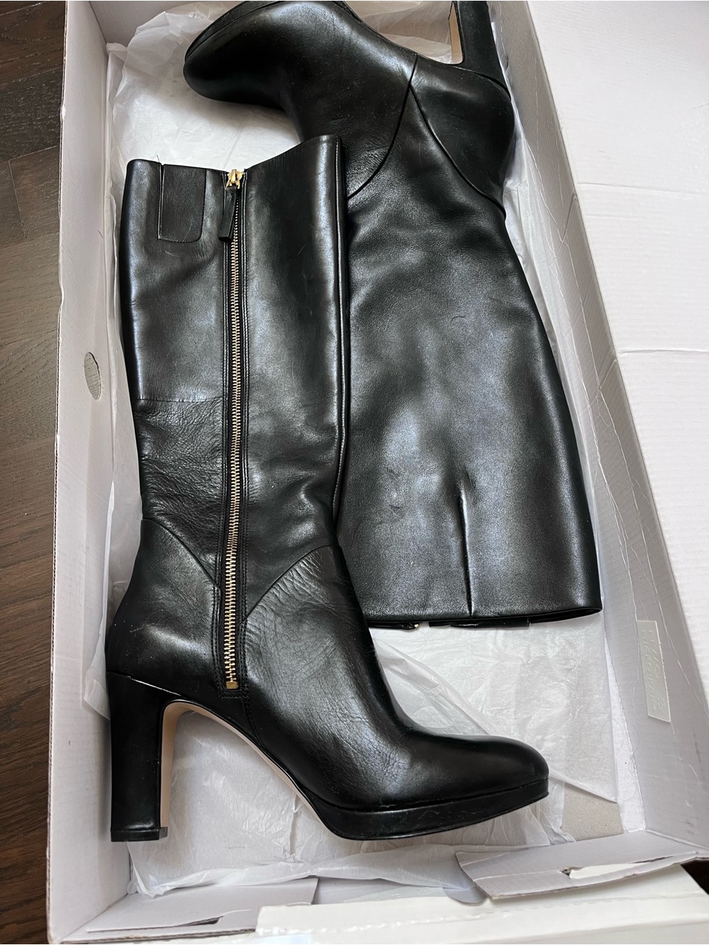 Nine West Black Leather Mid-Calf Heeled Boots with Side Zip